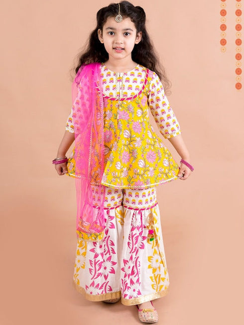 Girls Yellow Floral Printed Pure Cotton Kurti With Sharara With Dupatta